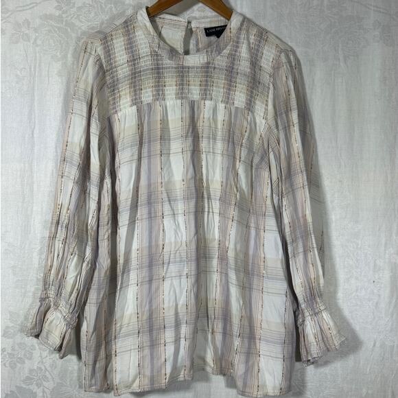 Lane Bryant Peasant Top 20 Pastel Plaid Gold Sparkle Smocked - Picture 1 of 12